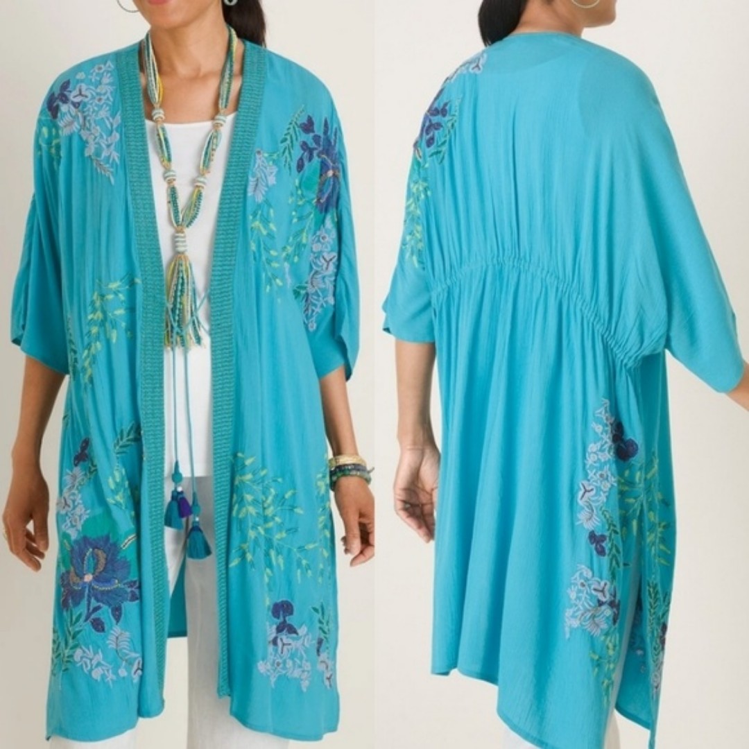 Chico's Aqua Blue Embroidered Beaded Bohemian Duster Kimono Beach Cover Size S/M
