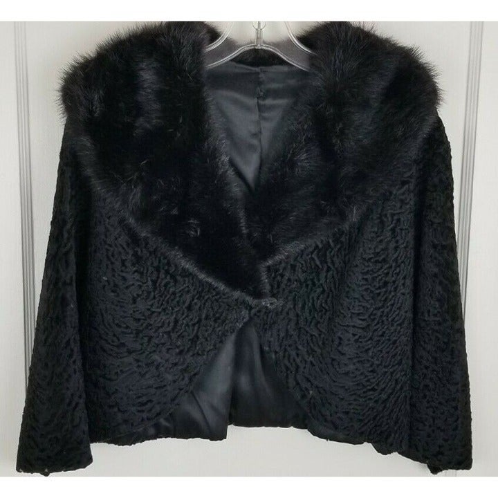 Persian Curly Lambs Wool Evening Coat Black Fur Collar SZ SMALL 50-60s