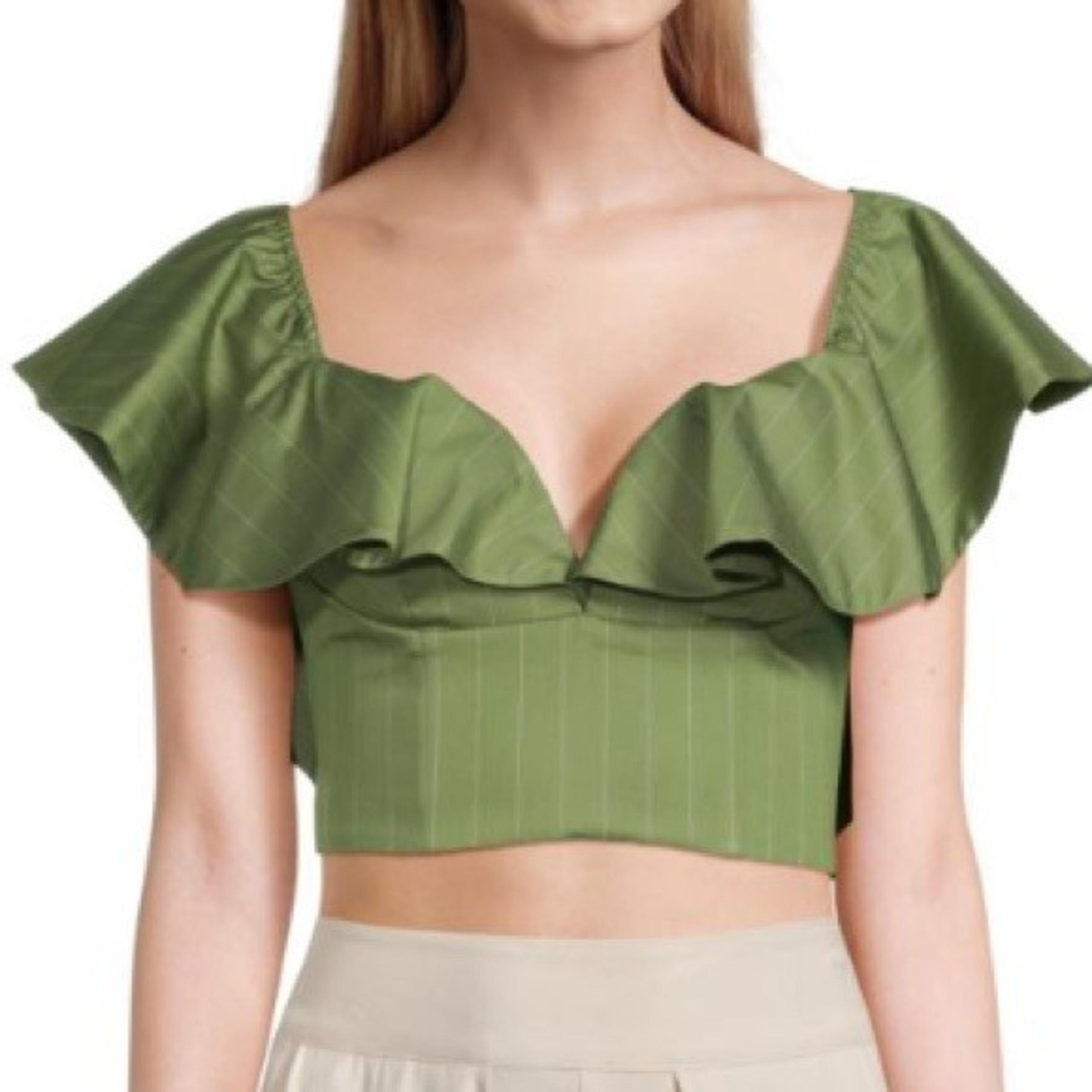 BCBGMaxAzria Women's Green Off-Shoulder Pinstripe Crop Top, Size 2