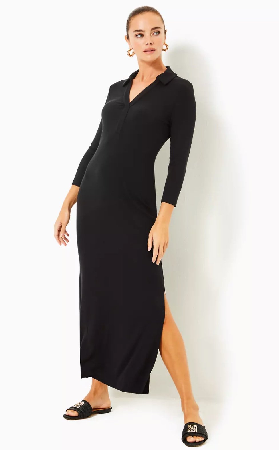 NWOT LILLY PULITZER 3/4 SLEEVE MAXI POLO DRESS, NOIR size L