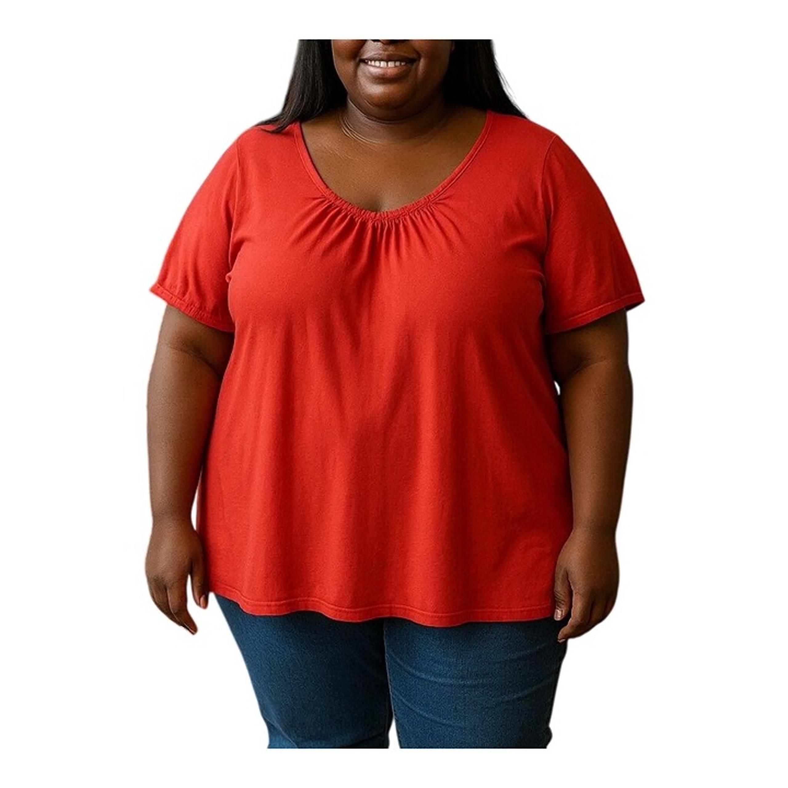 Woman Within Coral Red V-Neck Top Ruching Detail Short Sleeve Size 2X 26/28