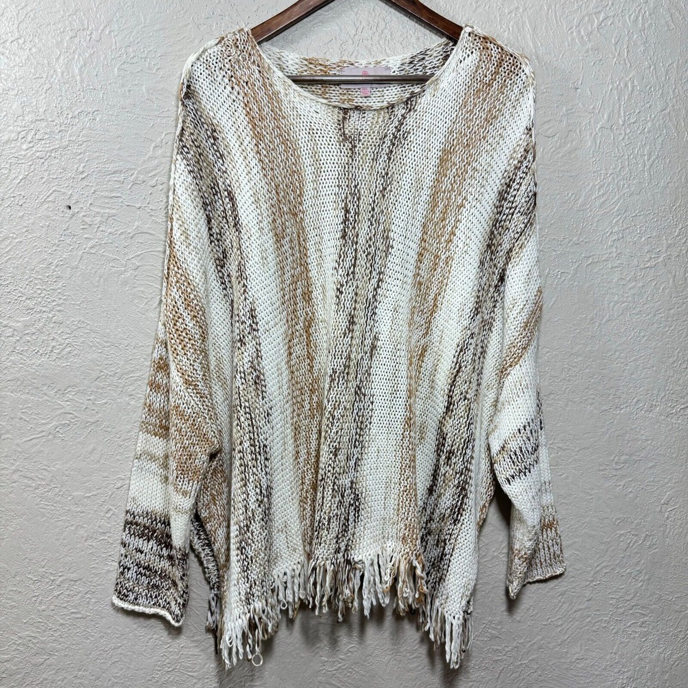 Laurie Felt Baja Sweater Poncho Pullover M/L Split Fringe Neutral Earthy Boho