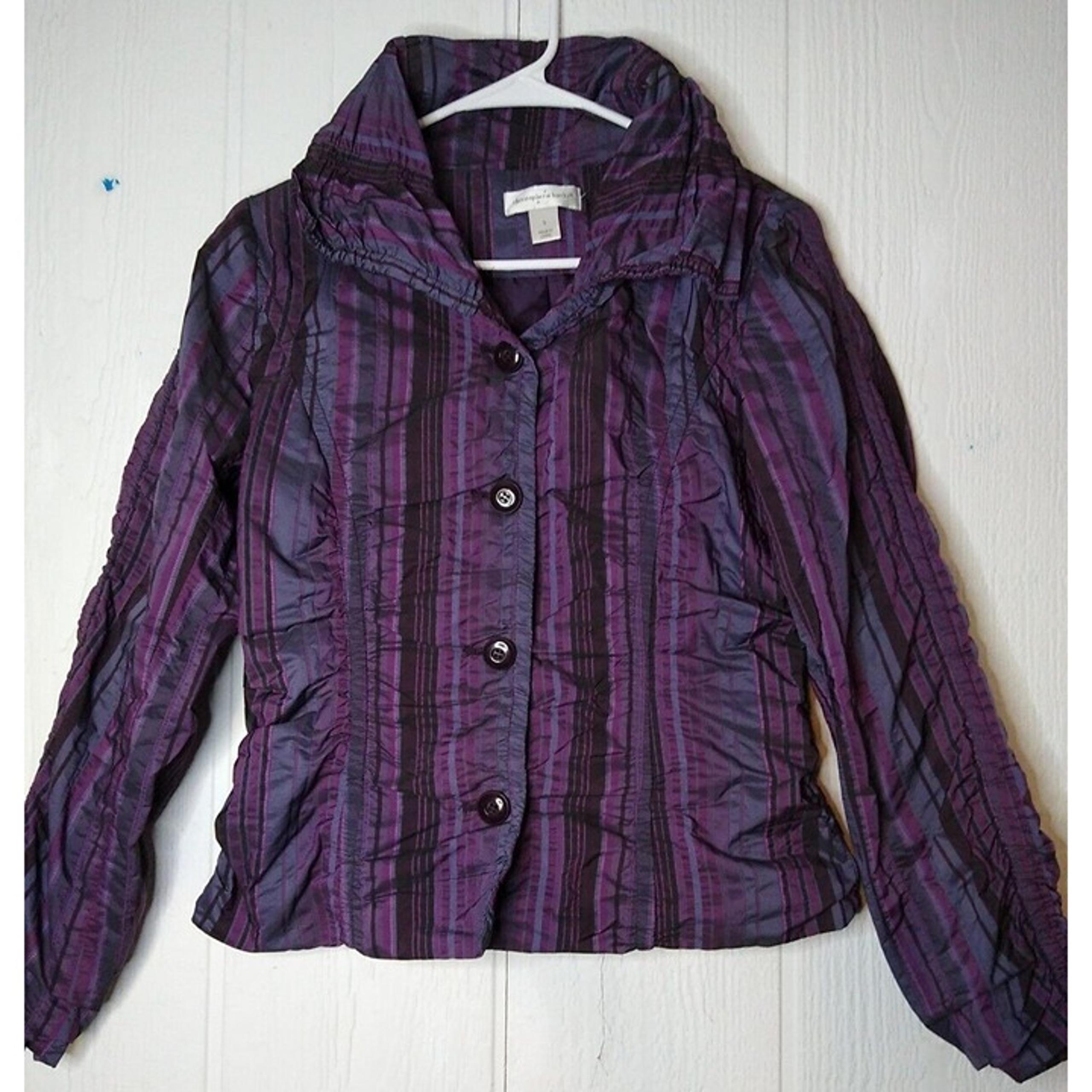Christopher Banks Womens Sz S Purple Striped Ruched Jacket Blazer Button Front