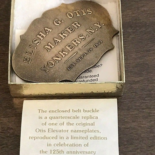 ELISHA G OTIS BRASS BELT BUCKLE 1/4 SCALE REPLICA OF OTIS ELEVATOR NAME PLATES