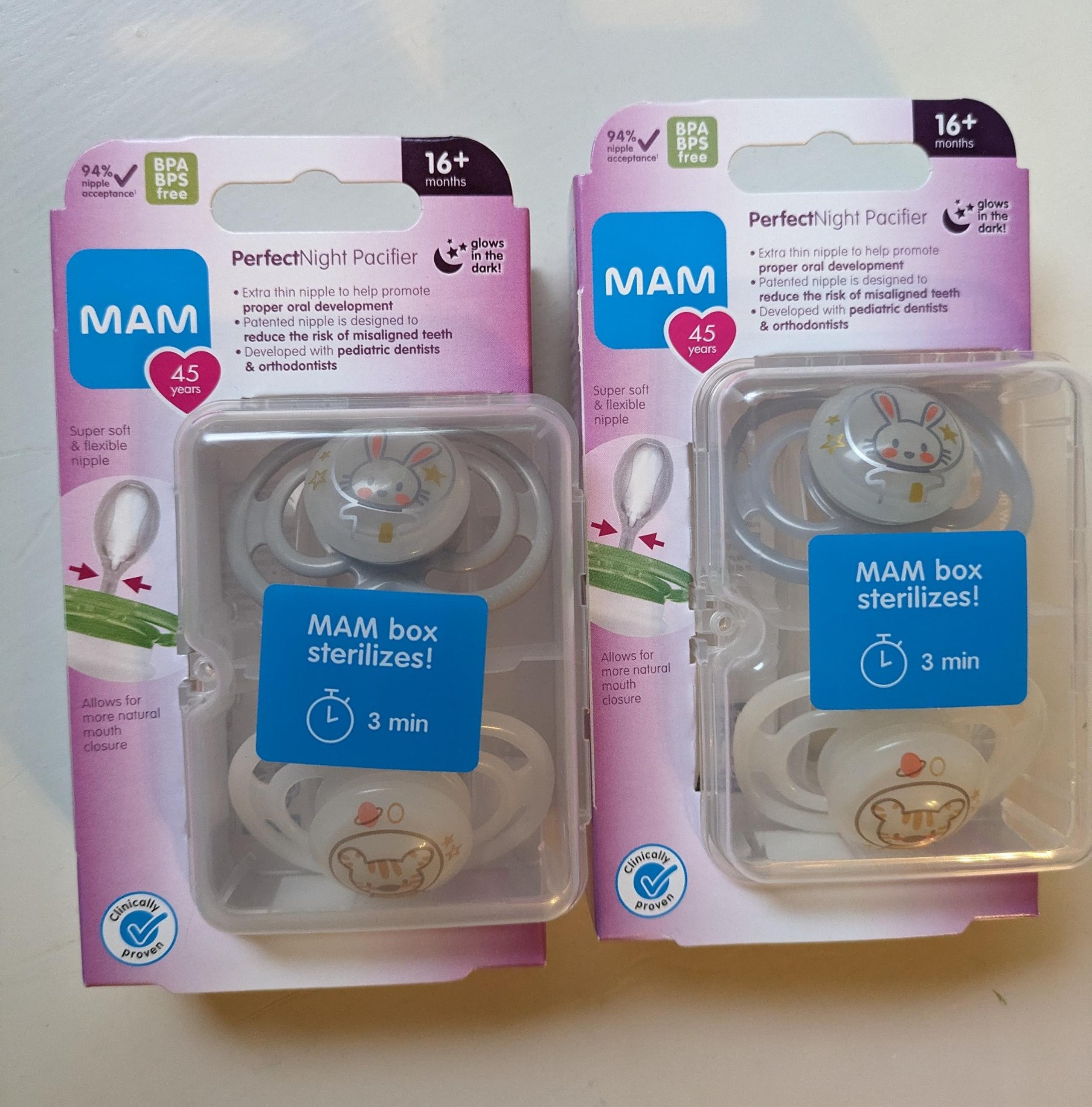 NIB 2 Packs (4 Total) MAM Perfect Night Pacifier Space Bunny Tiger 16+ Mo Glow
