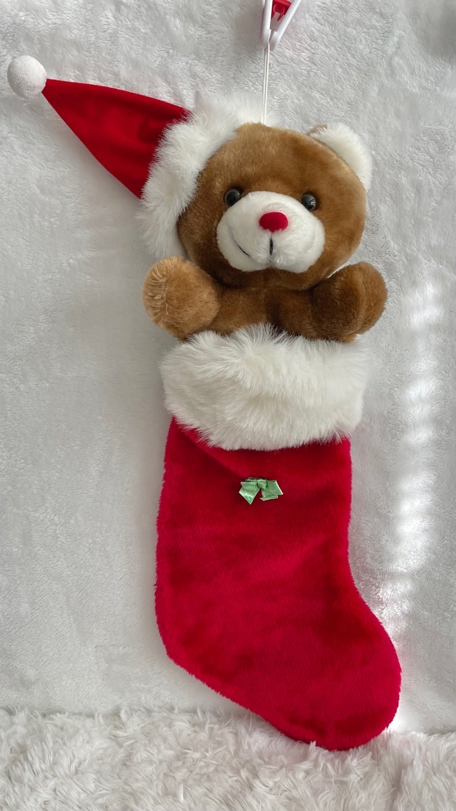 Vintage Teddy Bear Plush Stocking Red Nose Brown Santa Hat Luvables