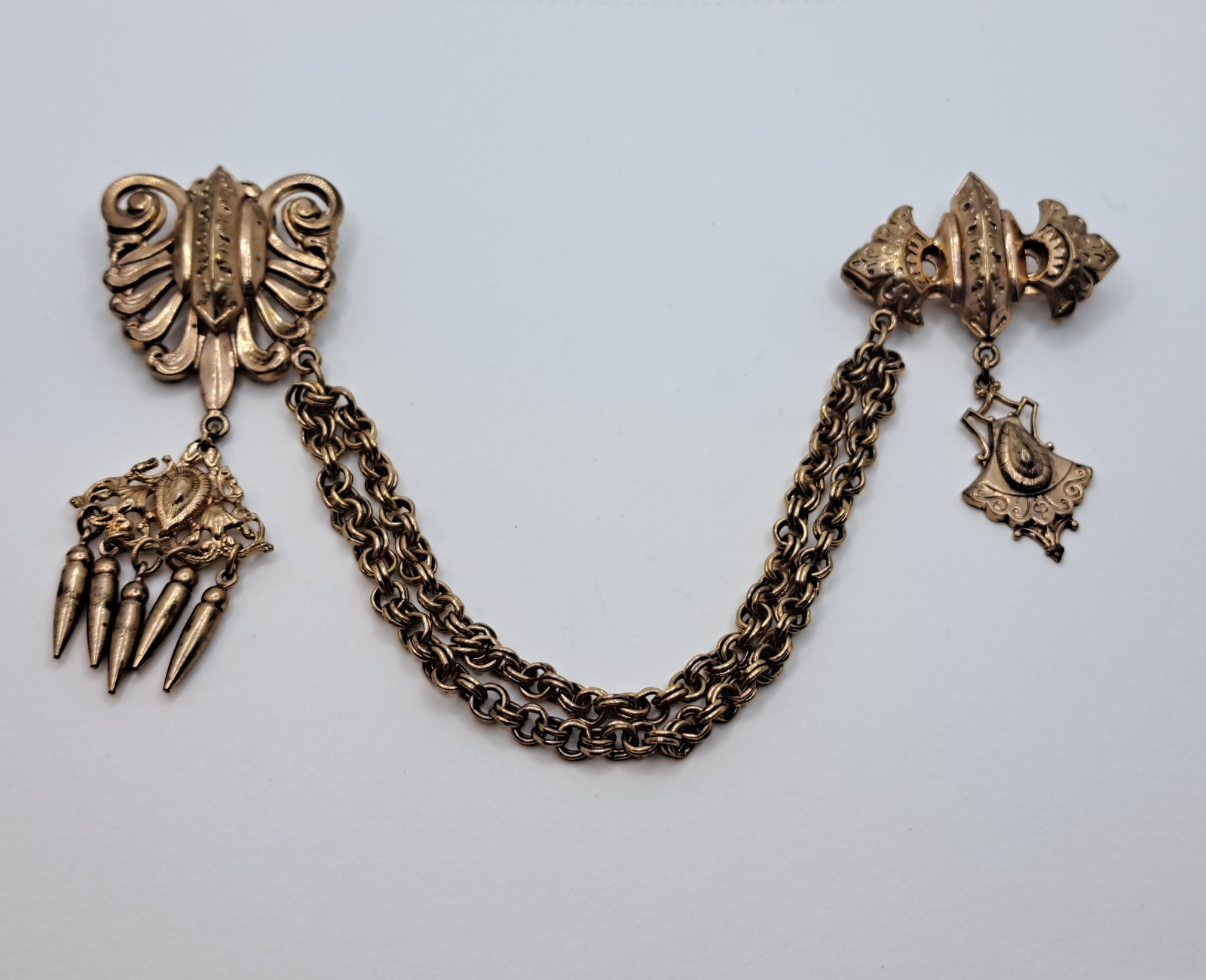 Victorian Gold Filled/ Gold Toned Cloak Chatelaine Brooch Pin