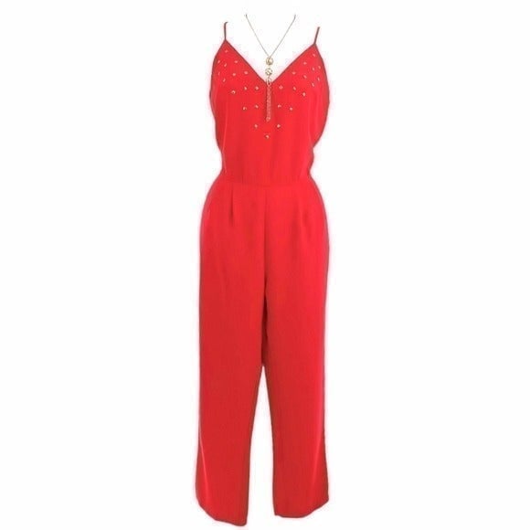 Sybil California Red Jumpsuit Wide Straight Leg Triangle Studs Spaghetti Straps