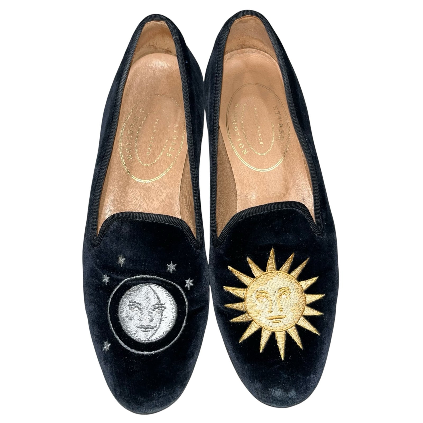 Stubbs & Wootton Navy Blue Velvet Nitenday Sun & Moon Embroidered Loafers Flats