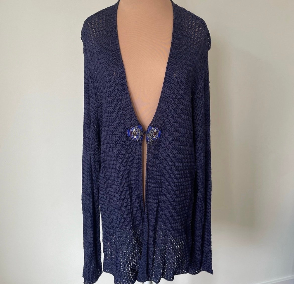 Marina Rinaldi Blue Viscose Open Weave Knit Marilena Beaded Closure Cardigan XL