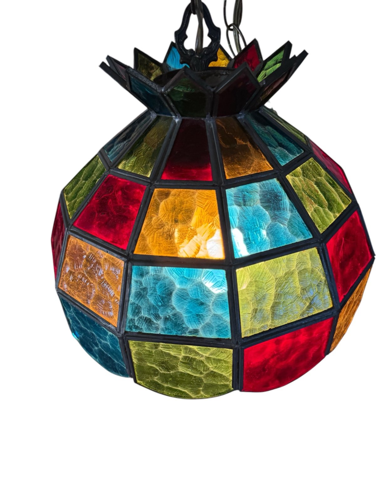 Vintage Slag Stained Glass Pendant Multi Color MCM Hanging Swag Lamp Light 12”W