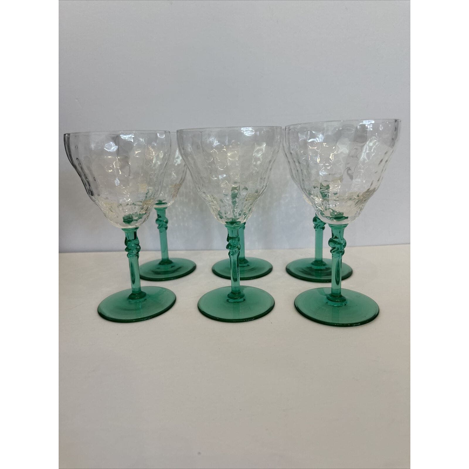 6 RARE 1930 Vintage Uranium Federal Glass Green Wine Goblet Stemmed Glasses