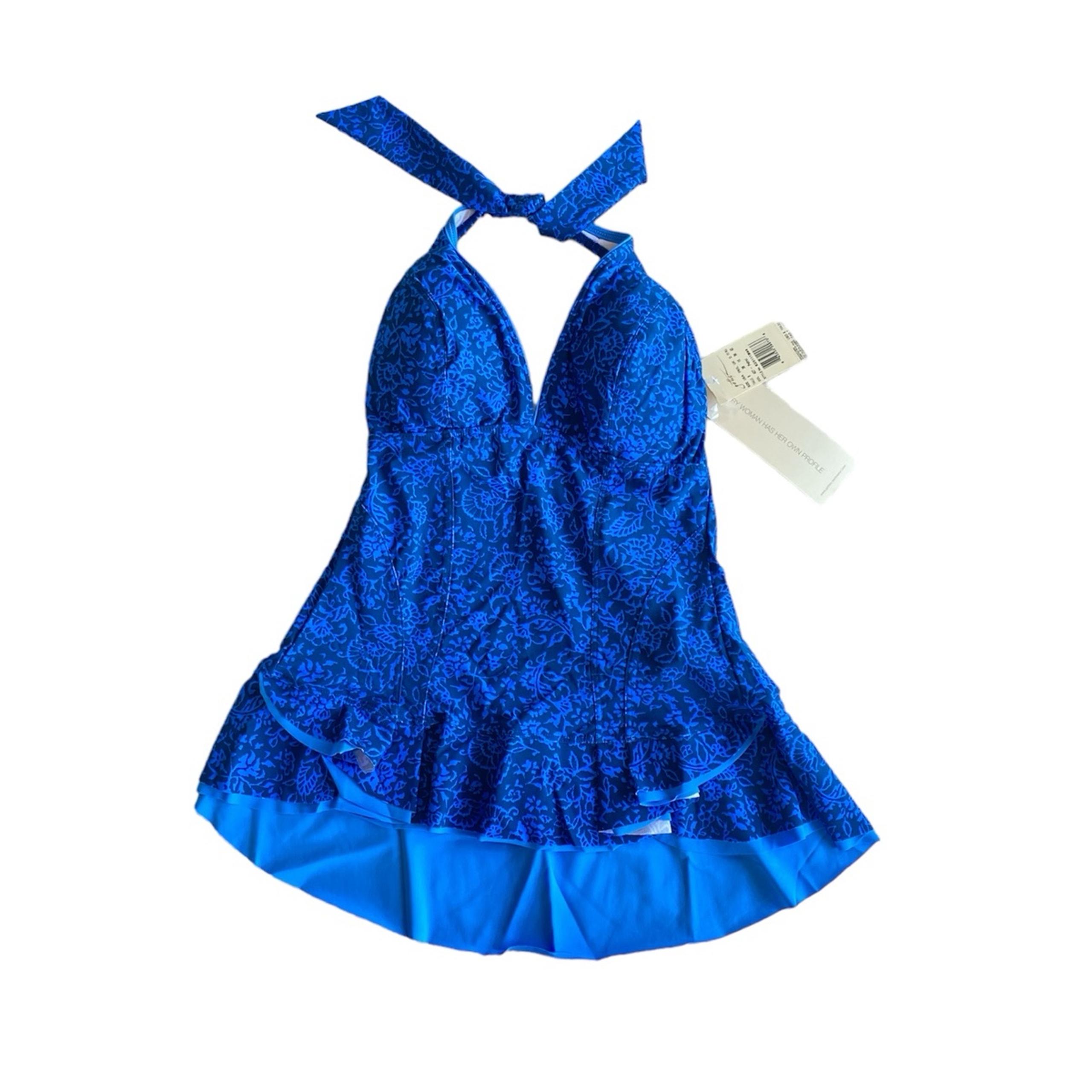 Profile Gottex Blue Floral Molded Cup V Neck Peplum Halter Tankini Swim Top Sz 8