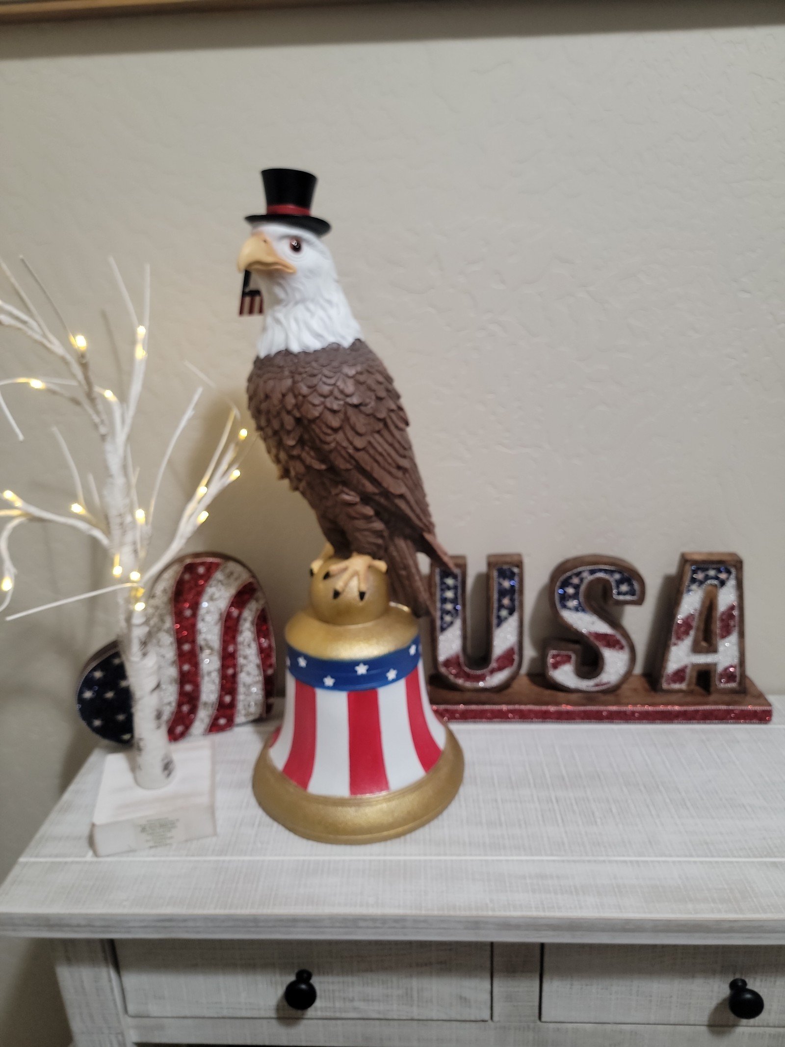 Stars & Stripes July 4th Bald Eagle perched on the Liberty Bell