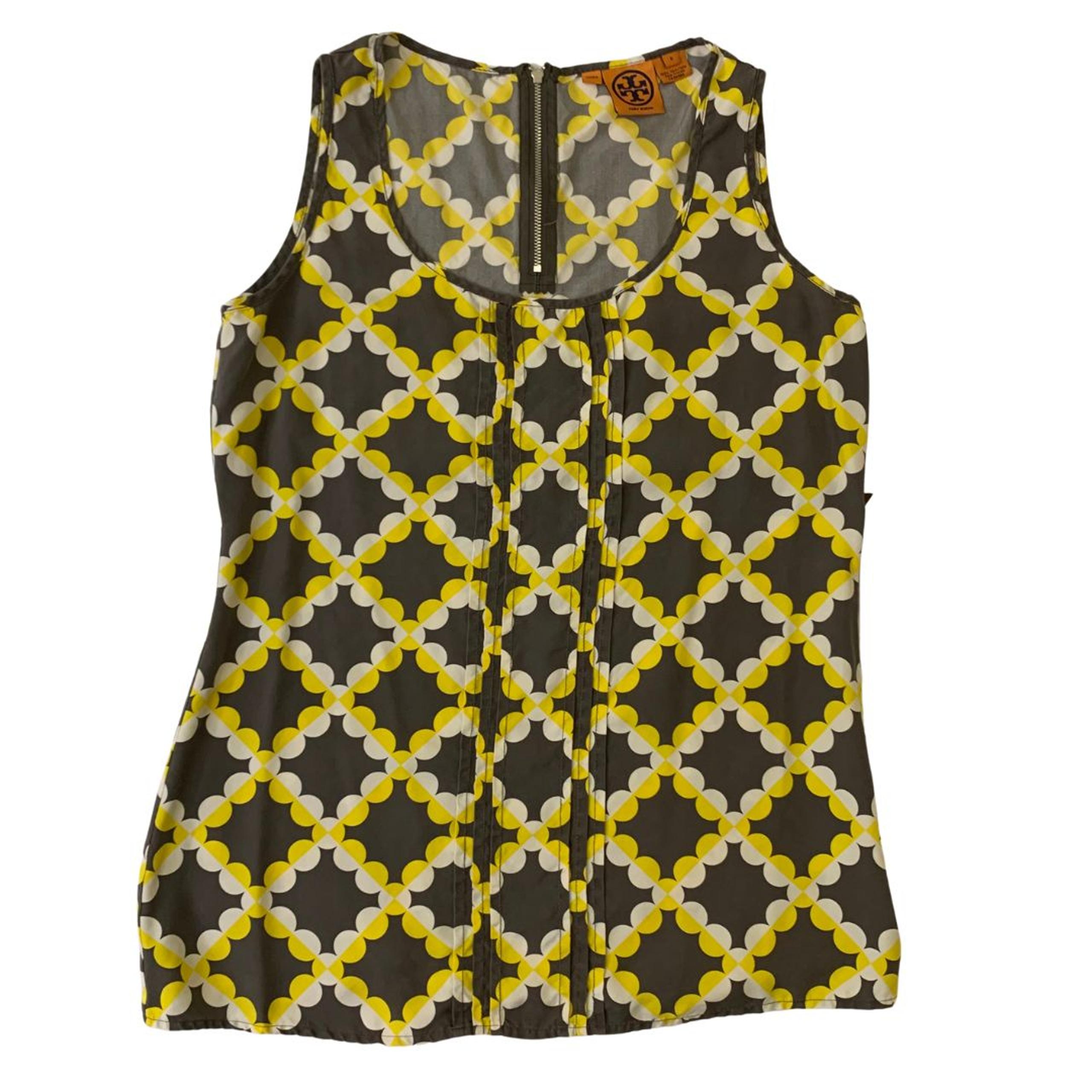 Tory Burch Shirt Women's 8 Yellow Gray White Tank Blouse Top Zipper 100% Silk
