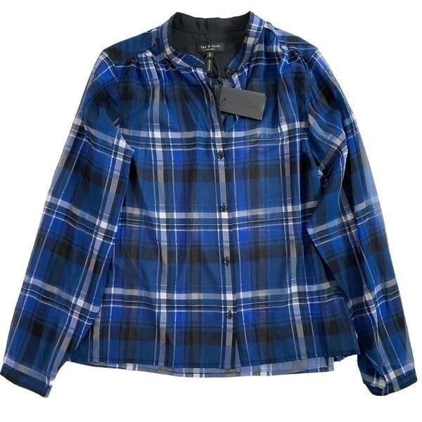 Rag & Bone Byron Button-Front Top Silk Sheer Chiffon Plaid Blue Black S NWT