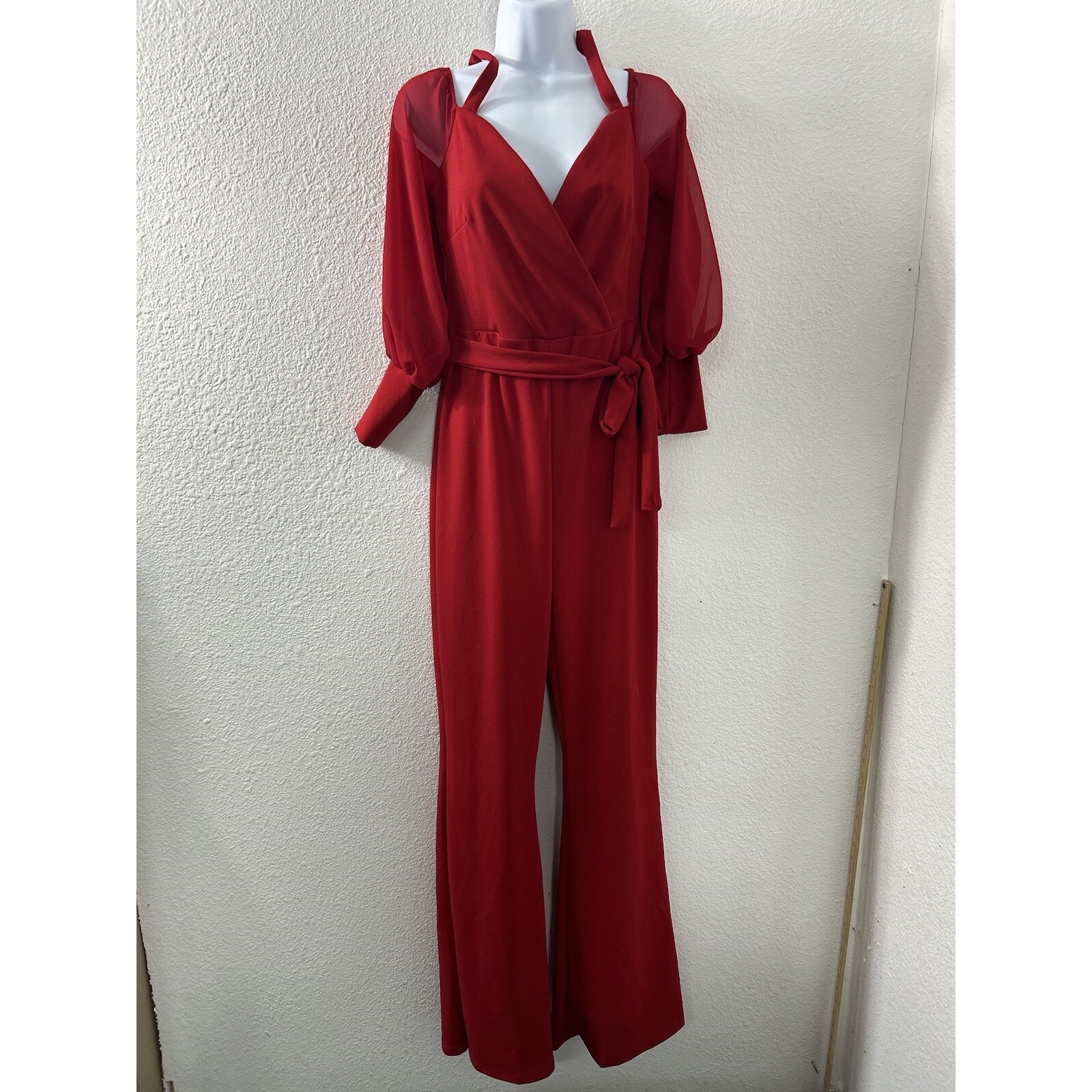 Fashion Nova Red Cold Shoulder Wide Leg Jumpsuit Belted Falling For Your Charm M