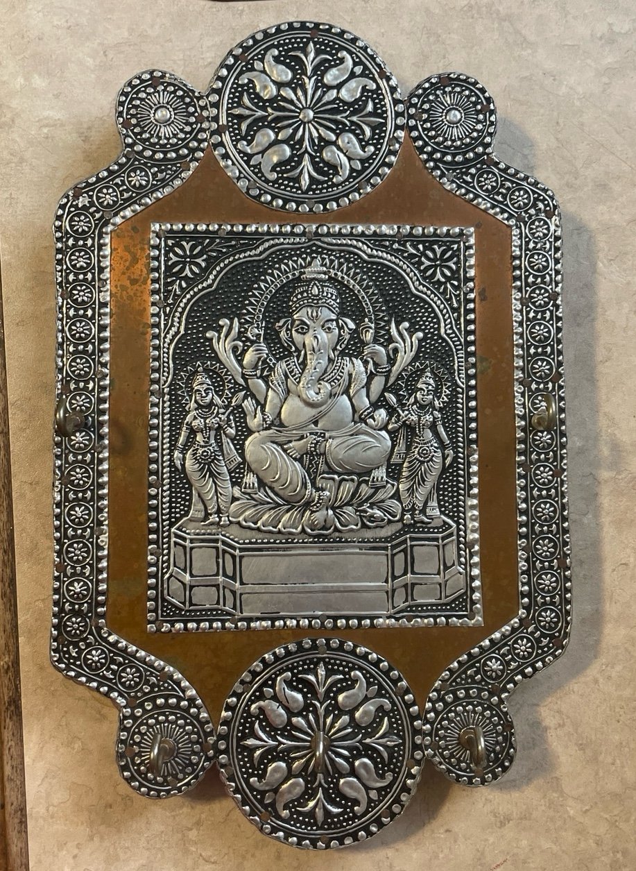 Vintage Wall Hanging Key Holder W/ Elephant God Ganesh Hammered Metal Over Wood