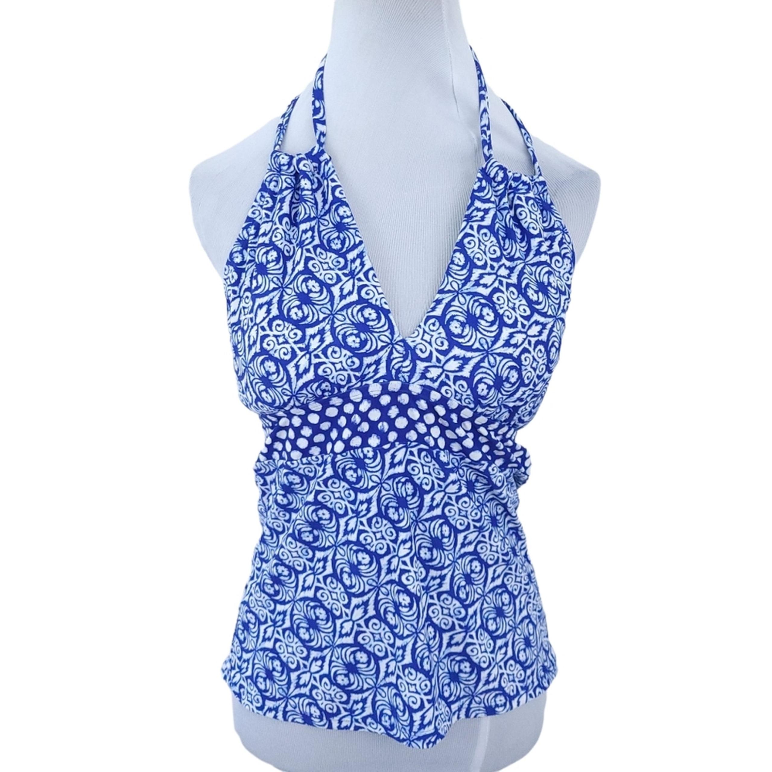 Chaps Tankini Swim Top Size 10 Blue White Bathing Suit Halter Tie Geometric
