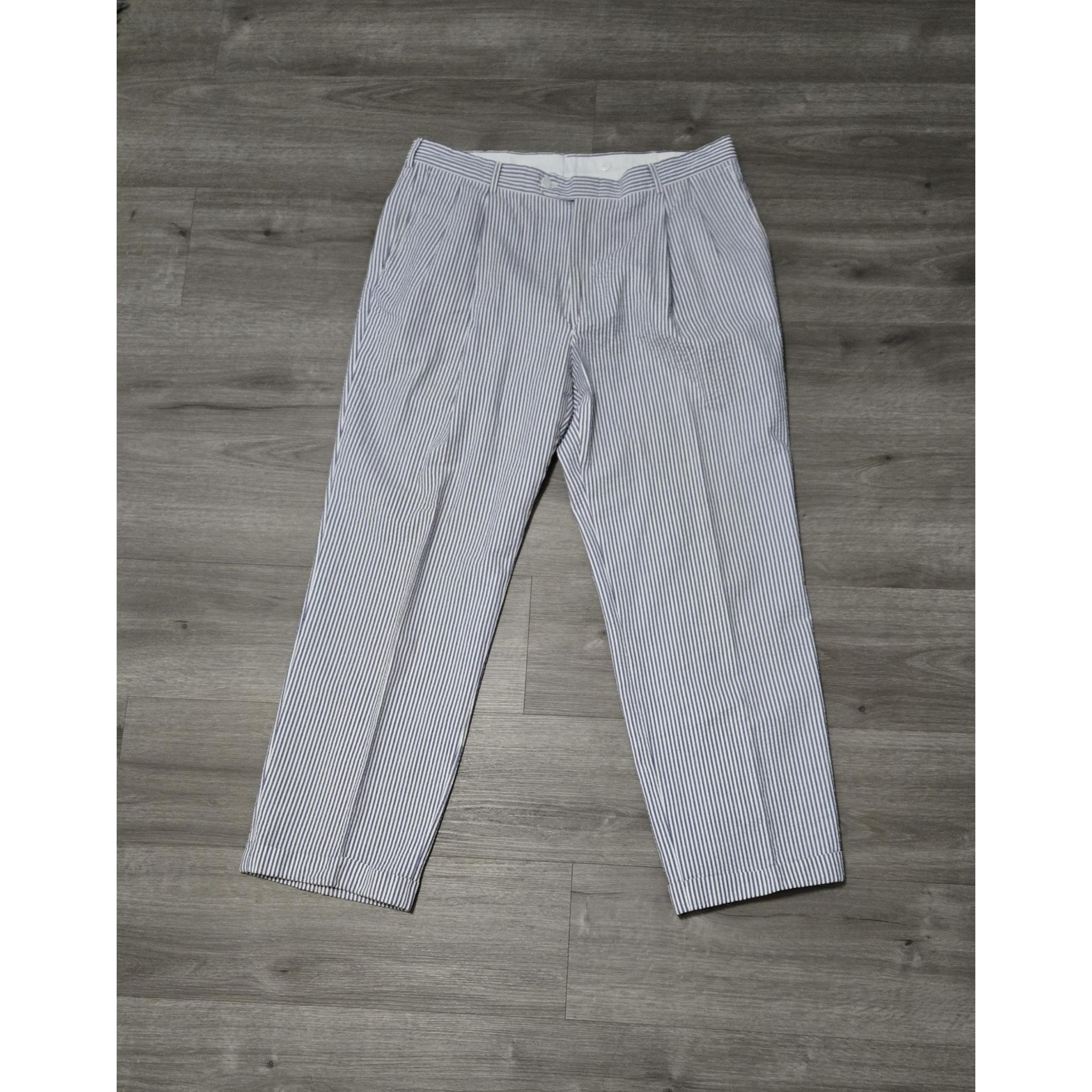 Vintage Berle Men's Seersucker Pants Pleated Cuffed Blue White Striped 36x30