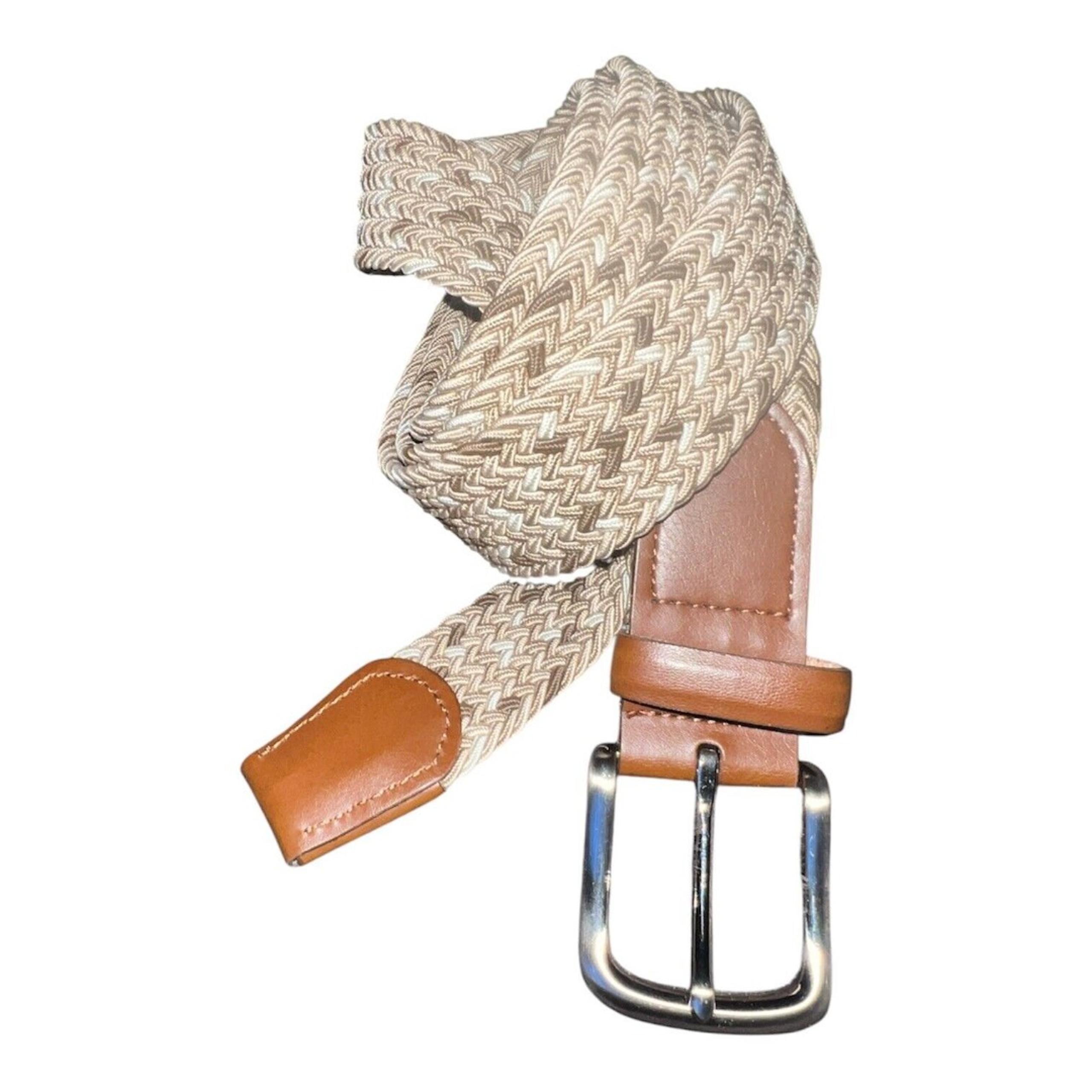 JOSEPH A BANKS MENS BELT Sz 54-56 BROWN MULTI WOVEN STRETCH KNIT LEATHER TRIM