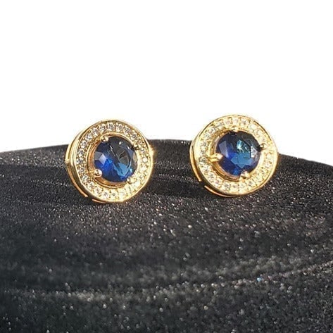 18K Gold Womens 1ct Diamond Blue Sapphire Round Stud Earrings 18 Karat Jewelry