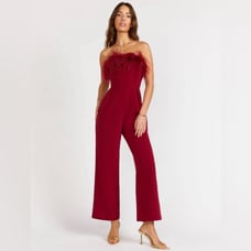 Women’s Lena feather trimmed jumpsuit - Color for sale is BLACK - Size Small