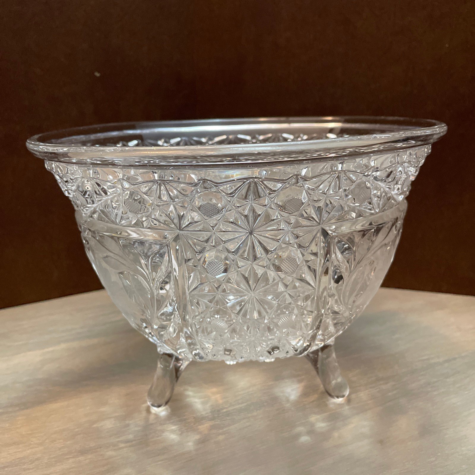 Vintage Cut Glass Large Size Fruit Bowl Clear  USA 1960’s 3 Footed