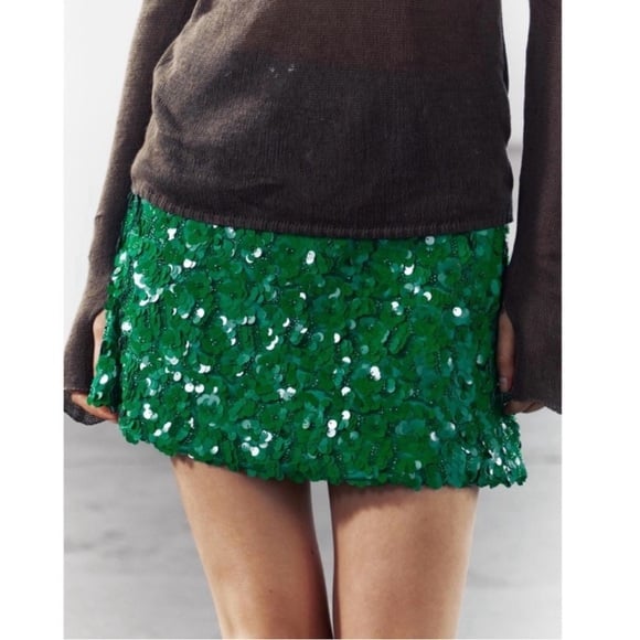 New Zara 89 Sequin Green Floral Flower Mini Skirt 2527/147 Medium
