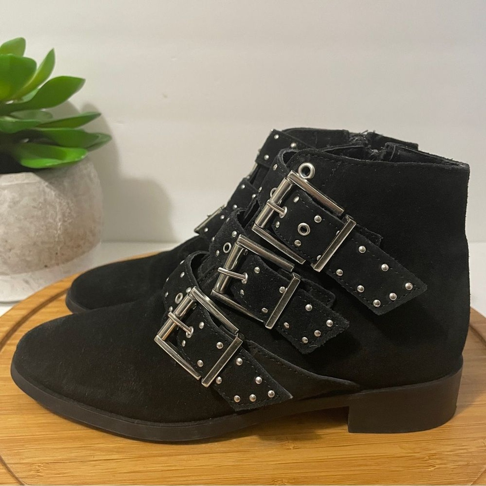 Topshop Krown Leather Moto Ankle Boots Studded Suede Biker Booties Size 5.5