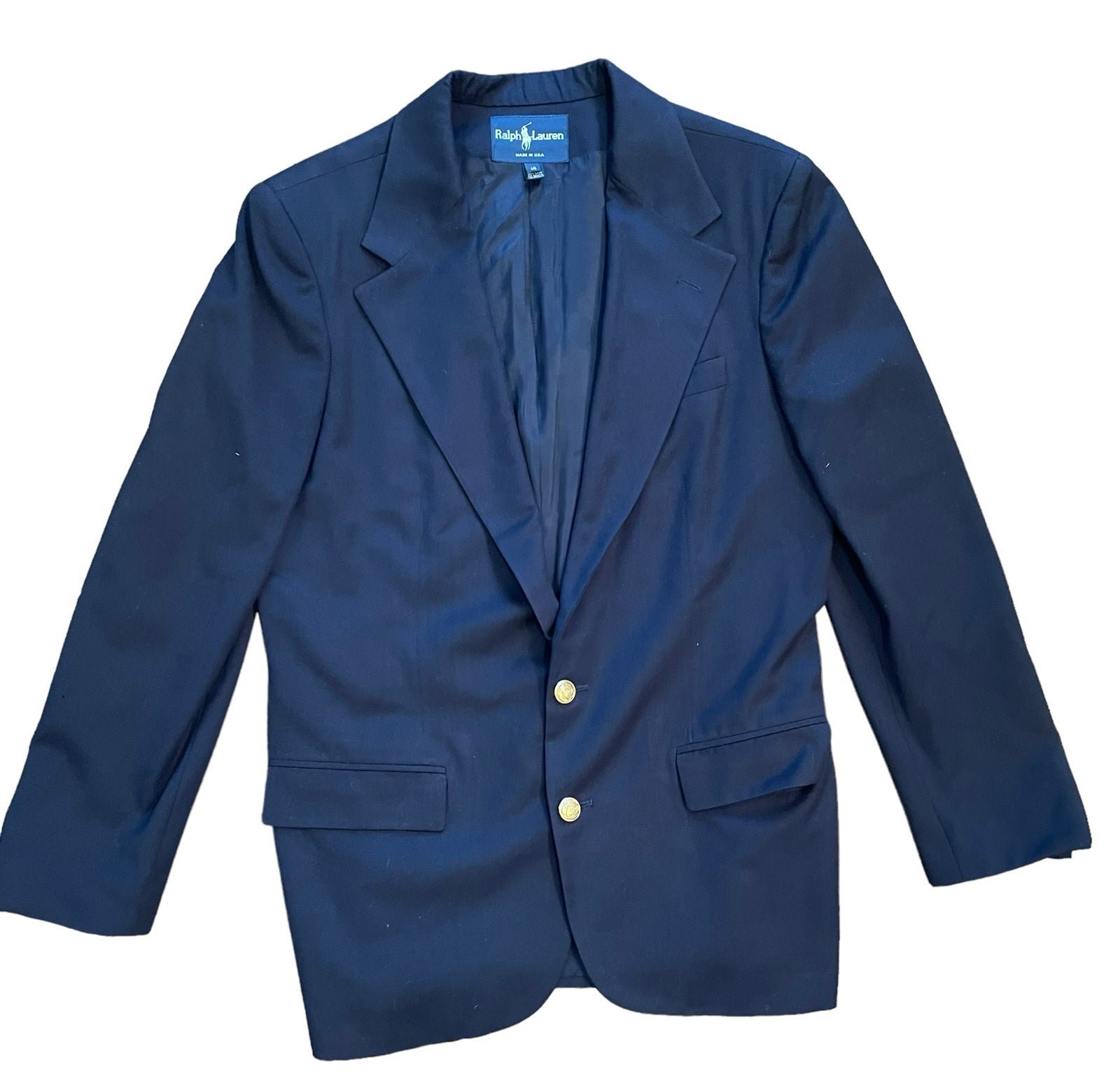 Vintage Ralph Lauren Gold Buttons Navy Wool Blazer Size 14 USA Equestrian Preppy
