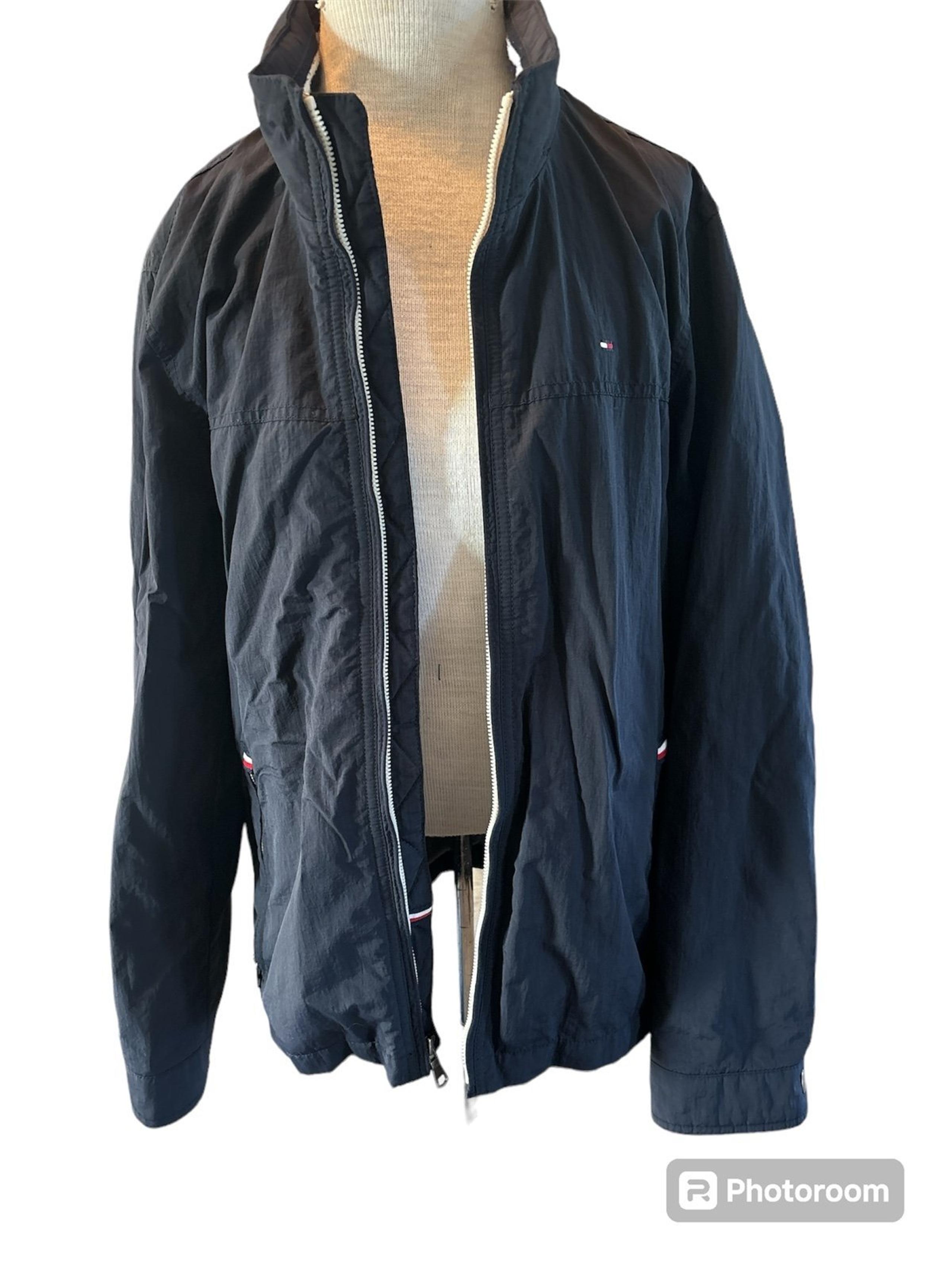Tommy Hilfiger Adult Dark Navy Blue Windbreaker Jacket Logo Hidden Hood EUC