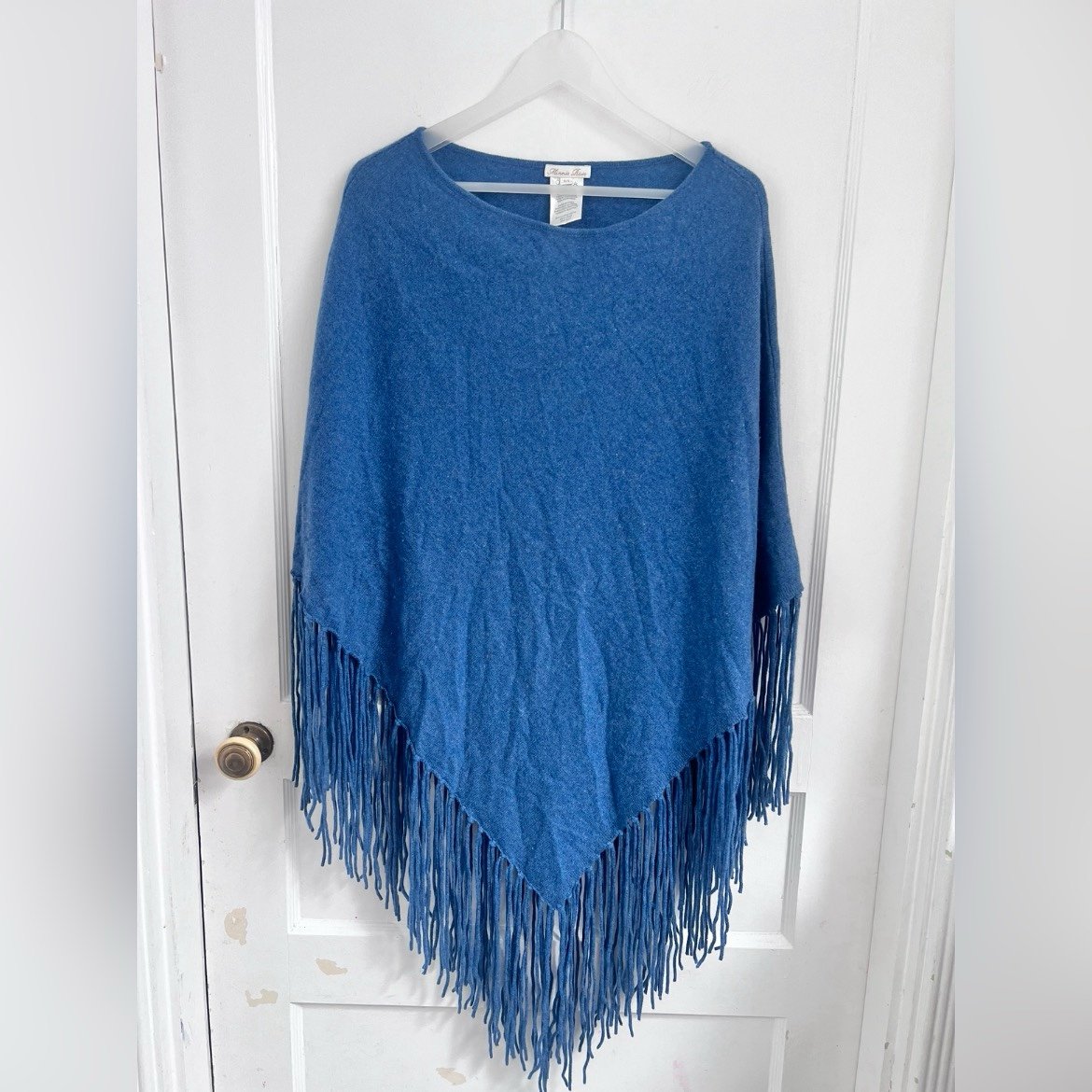 Minnie Rose Cashmere Blue Cowl Neck Open Stitch Poncho with Fringe One Size