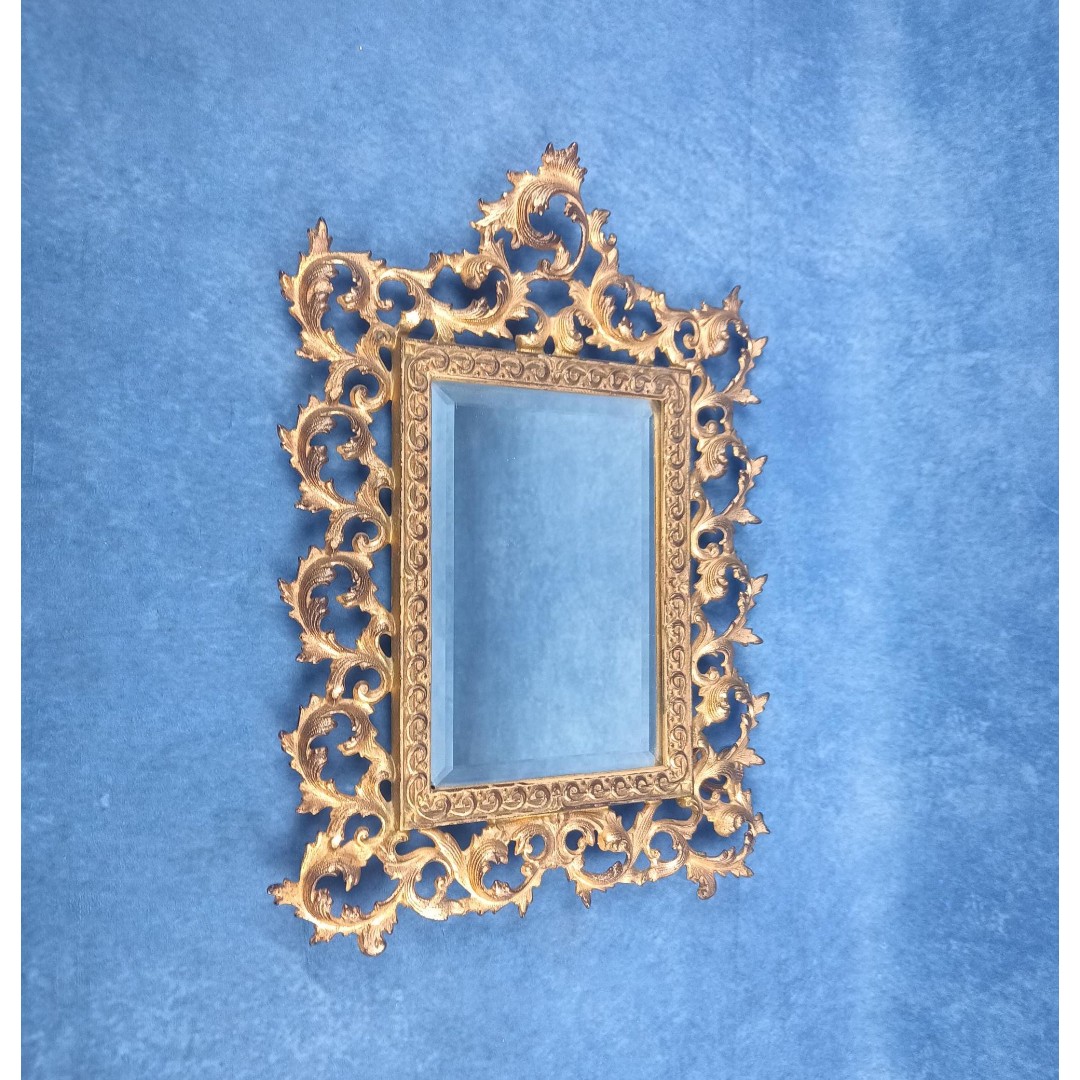 Vintage French Rococo Style Beveled Table Mirror With Cast Iron Frame