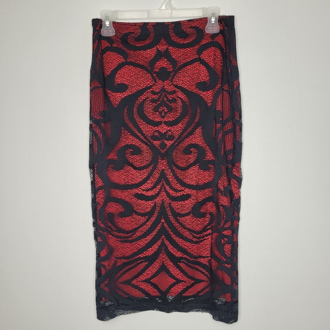 y2k black red fishnet midi vamp goth pinup pull on skirt size medium