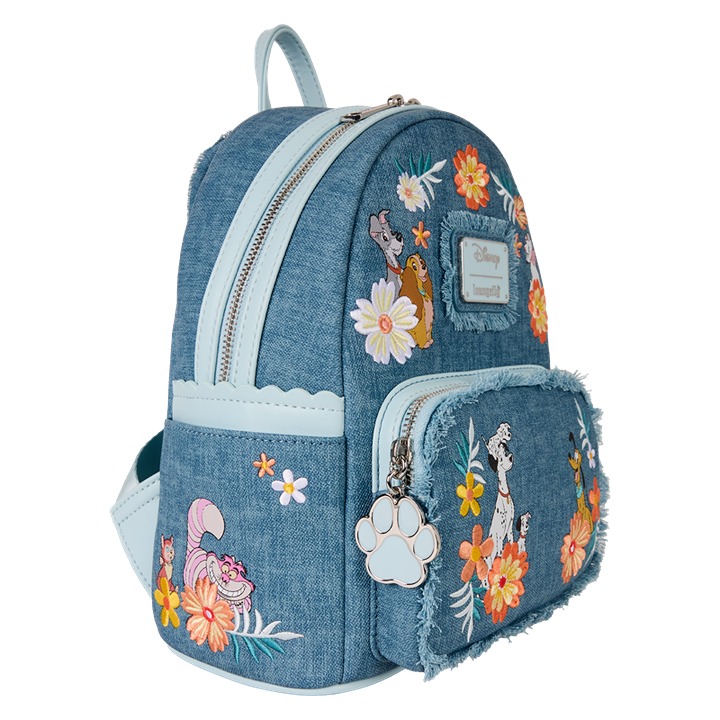 Loungefly✔️Disney Dogs & Cats Floral Faux Denim Fringe Mini Backpack