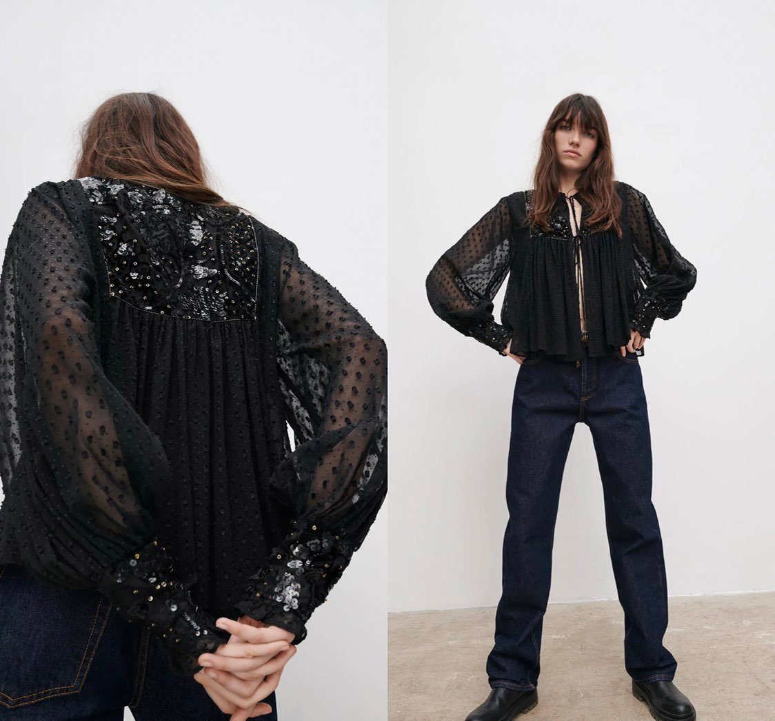 Nwt Zara Black Tasseled Plumetis Dotted Mesh Jacket Sequined S 5107/070