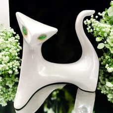 Mid-Century Modern Cubist Cat Figurine With Green Jewel Eyes Japanese Ceramic Sc