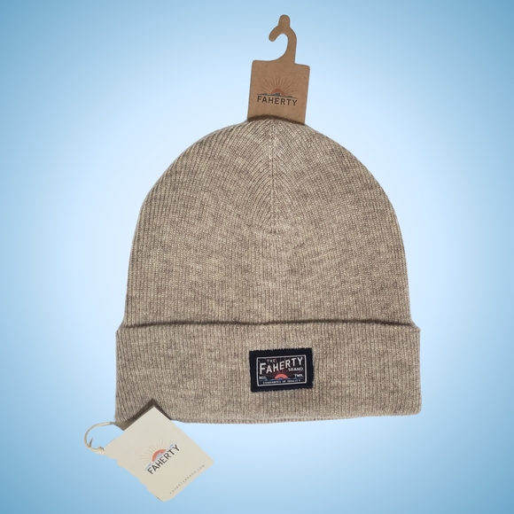 Faherty Beanie Wool Blend Core Logo Cuffed Patch Ribbed Knit Oatmeal One Size