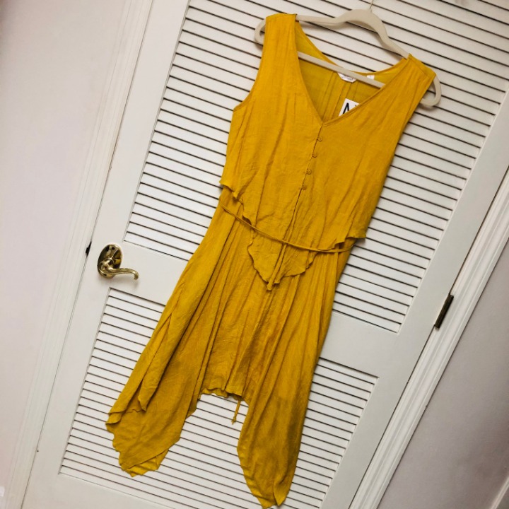 NWT Yellow Gauze Dess L 42 Bust Shark Bite Hi Lo Lined Mlle Gabrielle 80
