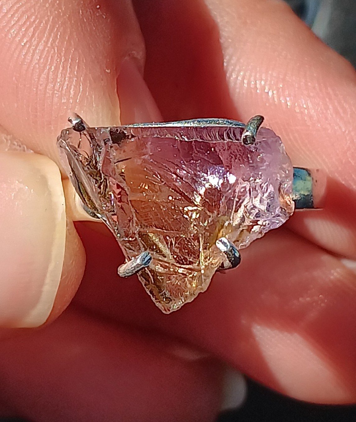 INSANE QUALITY!♡ .925SS RARE Glossy RAW Ametrine Gemstone Ring -US sz10