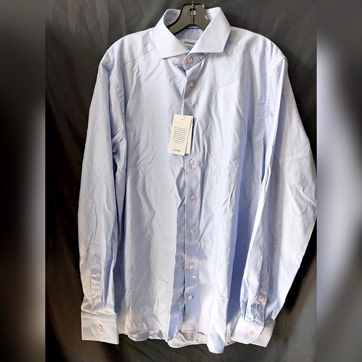 280 NWT Eton Size 17.5/44 Color Blue Contemporary-Fit Check Cotton-Blend Shirt