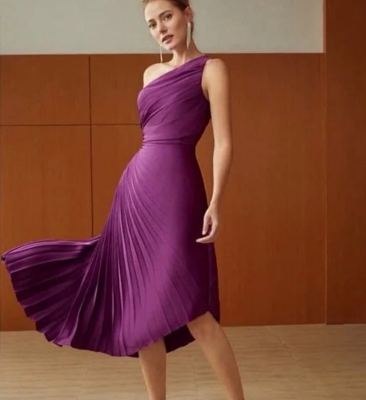 New Sam Edelman Dress Womens Sz 8 Purple One shoulder Ruched Pleated Skirt