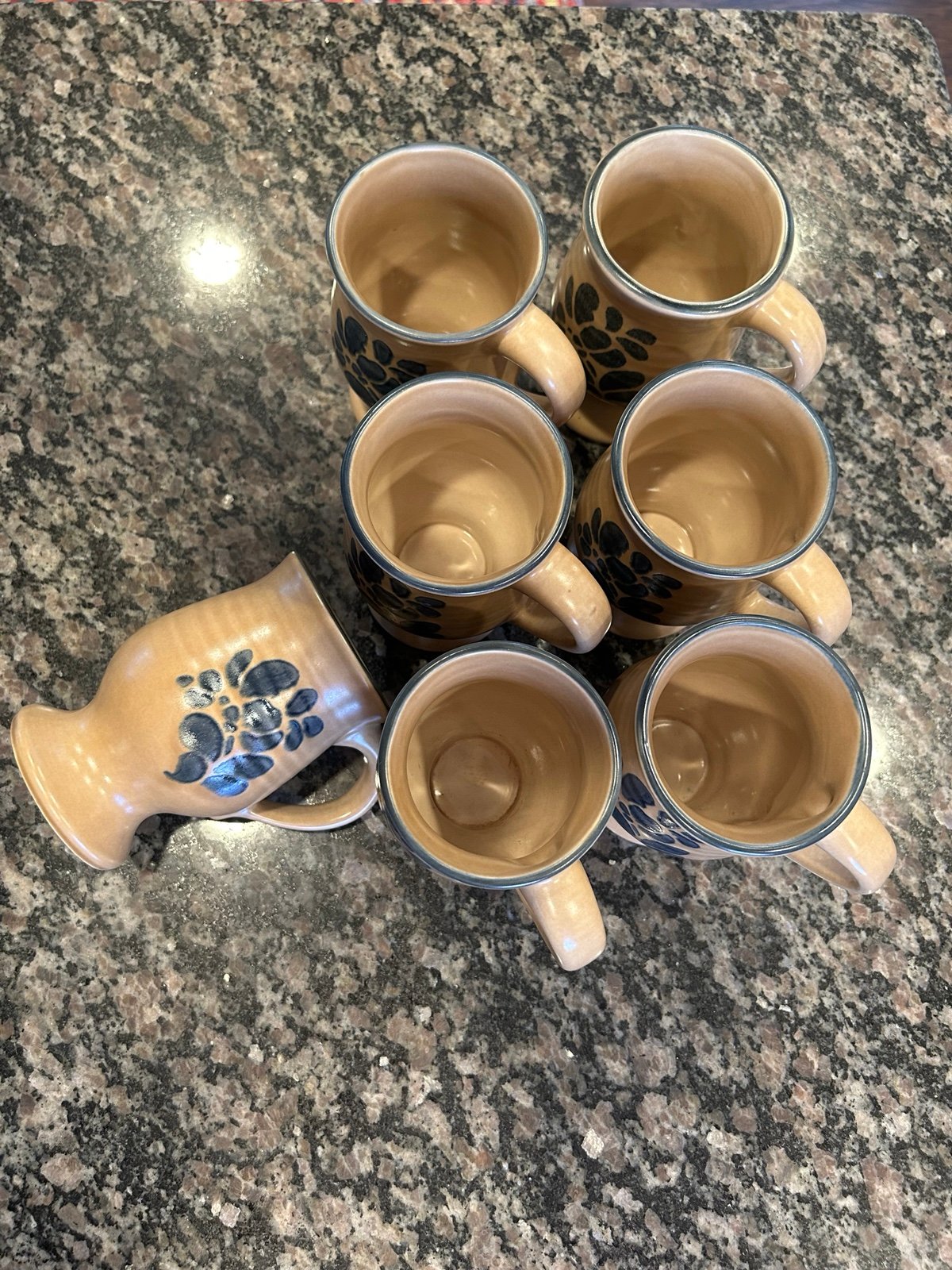 Pfaltzgraff Folk Art Tan and Blue Floral Grand Mug, Set of 7