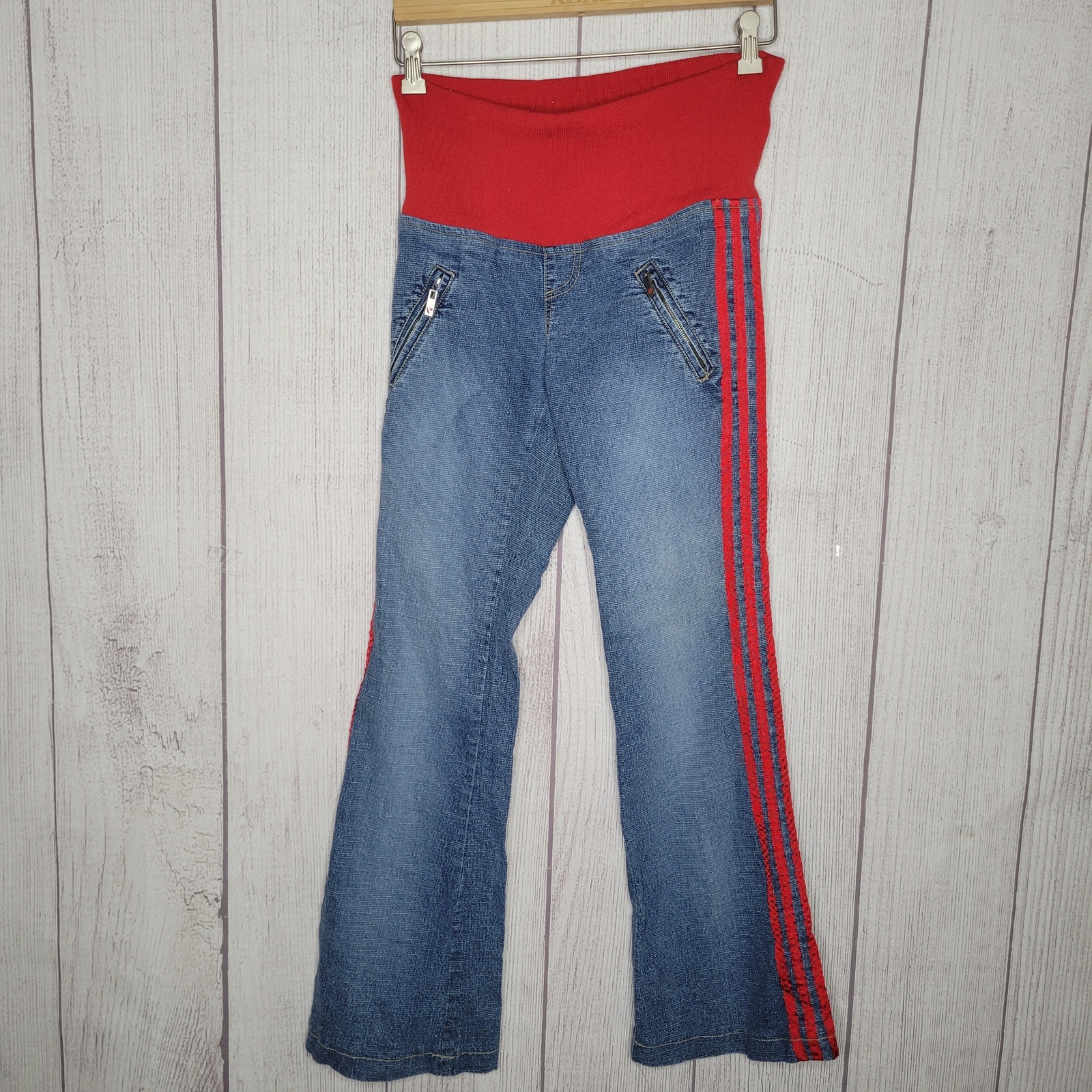 Vintage 90s Y2K Flared Leg Red Mid Rise Elastic Waist Bell Bottom Jeans