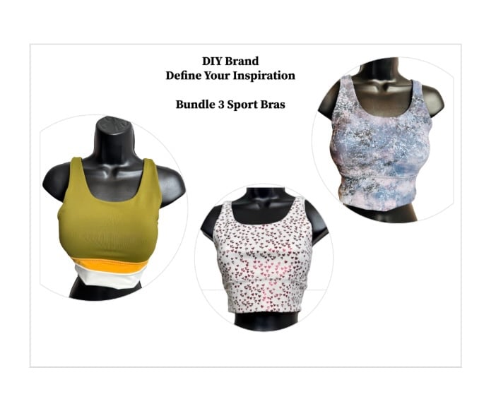 BUNDLE 3:DIY Brand Vibrant Colors Sports Bra Hearts, Olive, Shaded Blue/Purpl
