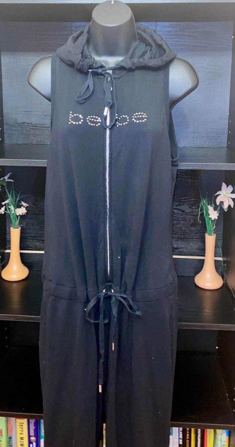 Bebe Logo Rhinestone Sleeveless Hoodie Jumpsuit XL
