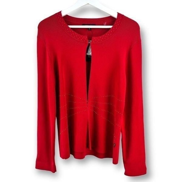 BCBGMaxAzria Red Cardigan L Beaded Holiday Office Classic