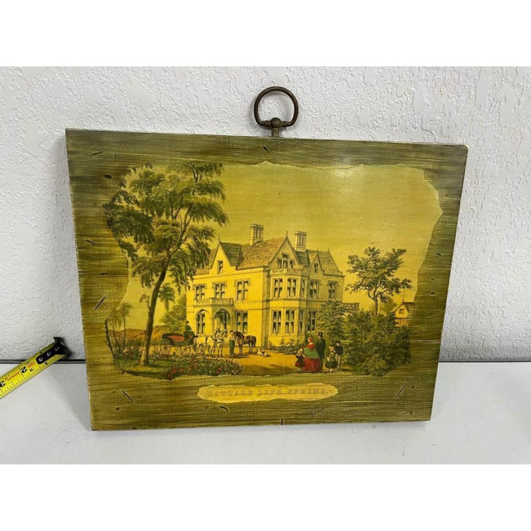 VTG Wood Picture Cottage Life Spring Currier Ives Hanging Wall Art Screen Print