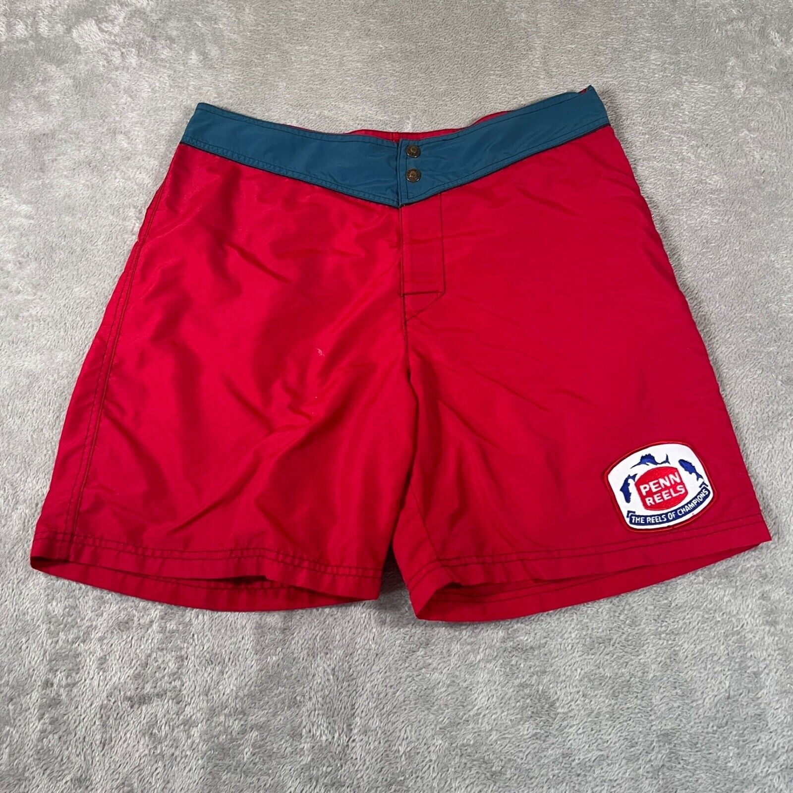 Vintage Jimmyz Boardshorts Mens 34 Red Penn Reels Patch Nylon Swim Beach Fishing